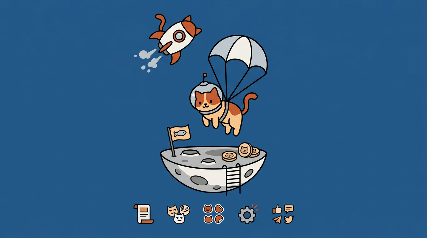 a cat in a space helmet floats down on a parachute to a moon with a fish flag